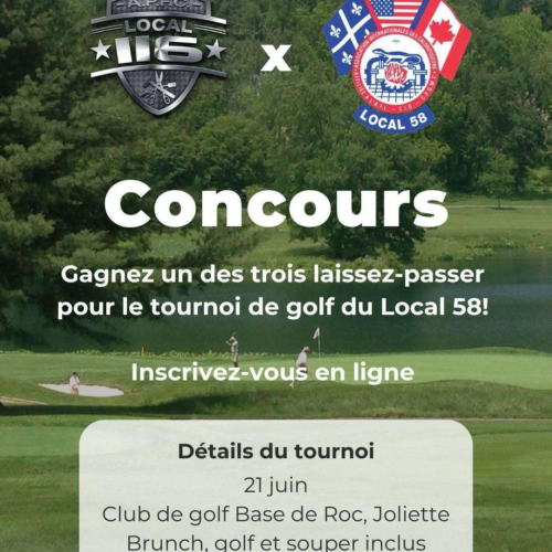 CONCOURS!
Bon weekend à tous et toutes! Courez la chance de gagner un des trois laissez-passer pour le tournoi de golf du Local 58 avec un de vos représentants!Pour vous inscrire => https://bit.ly/43wH1nFLe tournoi aura lieu le 21 juin au club de golf Base de Roc à Joliette. Le brunch, le golf et le souper sont inclus avec votre laissez-passer. Faites-vites, vous pouvez vous inscrire jusqu'au 1er juin!