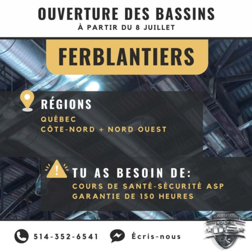 OUVERTURE DES BASSINS - MONTRÉAL,QUÉBEC ET AUTRES
Communique directement avec nous ou inscris-toi en ligne pour ouvrir ton dossier!Lien => https://bit.ly/3HLML4DIl est temps de faire le saut et de venir travailler dans la construction! Toute l'équipe du 116 est là pour t'aider!