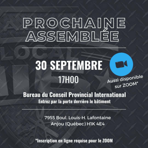 Chers confrères et consoeurs. Toute l’équipe du 116 vous invite à la prochaine assemblée des membres qui aura lieu en présentiel ET sur ZOOM le 30 septembre prochain.Pour vous inscrire au ZOOM ==> https://bit.ly/3F2sl65Venez vous informer des enjeux de l’industrie et des activités de votre association! Participez en grand nombre. Au plaisir de vous y voir!