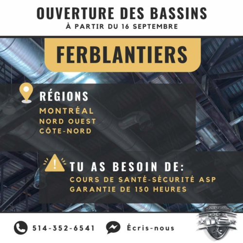 OUVERTURE DES BASSINS - MONTRÉAL & AUTRES RÉGIONS
Communique directement avec nous ou inscris-toi en ligne pour ouvrir ton dossier!
Lien => https://bit.ly/3HLML4D
Il est temps de faire le saut et de venir travailler dans la construction! Toute l'équipe du 116 est là pour t'aider!