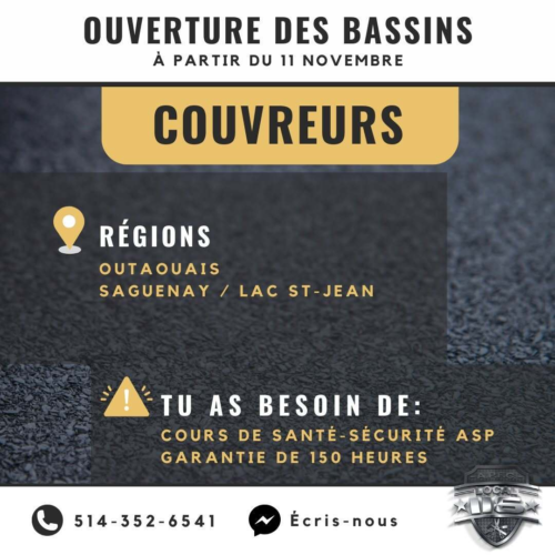 OUVERTURE DES BASSINS - OUTAOUAIS (couvreurs) ET AUTRES RÉGIONSCommunique directement avec nous ou inscris-toi en ligne pour ouvrir ton dossier!
Lien => https://bit.ly/3HLML4DIl est temps de faire le saut et de venir travailler dans la construction! Toute l'équipe du 116 est là pour t'aider!