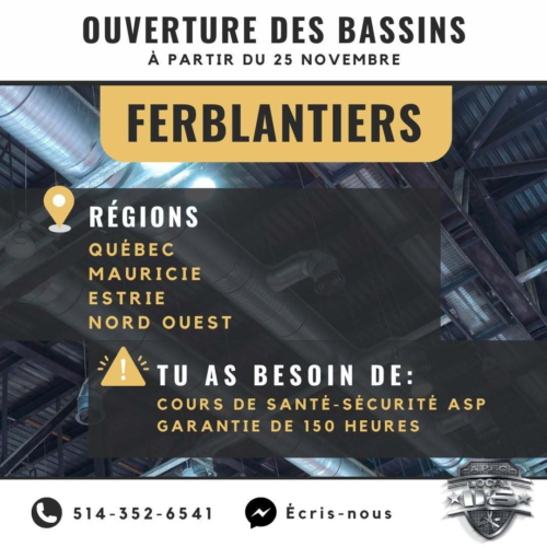 OUVERTURE DES BASSINS - QUÉBEC (ferblantiers) OUTAOUAIS (couvreurs) et plusieurs autres régions pour les ferblantiersCommunique directement avec nous ou inscris-toi en ligne pour ouvrir ton dossier!Lien => https://bit.ly/3HLML4DIl est temps de faire le saut et de venir travailler dans la construction! Toute l'équipe du 116 est là pour t'aider!