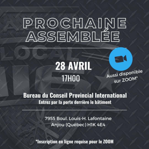 Prochaine assemblée - 28 avril
La rencontre aura lieu en personne dans les bureaux de l'INTER et sur ZOOM.
Vous pouvez vous inscrire pour le ZOOM par ici => https://bit.ly/3F2sl6